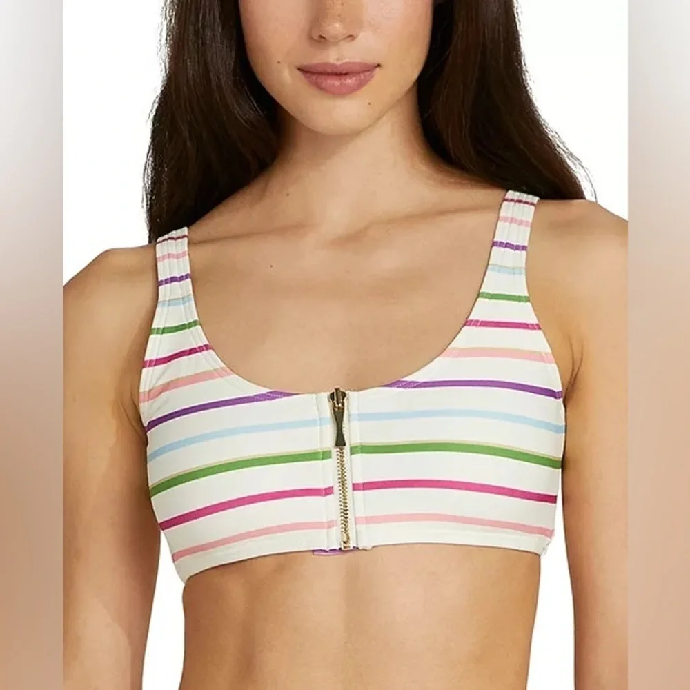 NWT Kate Spade NY Women's Striped Multicolor Zip-Front Bikini Top Padded Size S